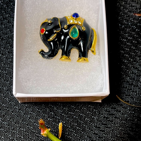 Jewelry - Jeweled Indian Elephant Brooch Figural Black Enamel on Gold Metal Moghul Jewels